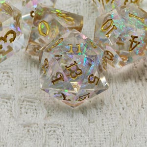 Celestial Prism DND Dice Set, Iridescent White Resin Sharp Edge D&D Dice Full Set, Dungeons and Dragons Polyhedral RPG D6, D20 Dice