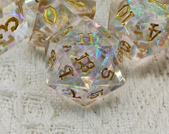 Celestial Prism DND Dice Set, Iridescent White Resin Sharp Edge D&D Dice Full Set, Dungeons and Dragons Polyhedral RPG D6, D20 Dice
