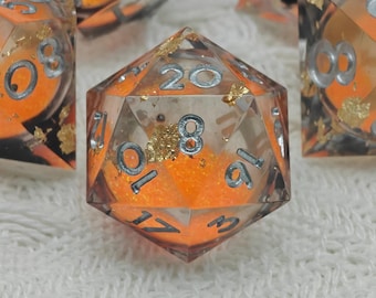 Molten Ember Liquid Core Dice Set, DND Sharp Edge Resin Dice, Orange Glow Dice for Dungeons and Dragons RPG