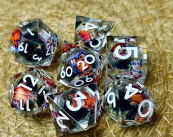 Black Owl Liquid Core DND Dice Set, Sharp Edge Resin Dice, 7 Piece Polyhedral RPG Dice, Dungeons and Dragons Gift
