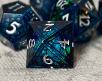 Cathedral Window DND Dice Set, Blue Green Sharp Edge Resin Dice, Silver Number Polyhedral RPG Dice, Fantasy Gamer Gift