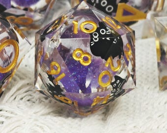 Purple Cat Liquid Core Dice Set – Sharp Edge Polyhedral Dice with Swirling Glitter Core & Cute Cat Design for DnD, TTRPG, RPG
