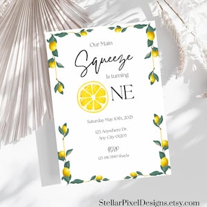 Notre carte principale Squeeze de premier anniversaire, modèle d'invitation de premier anniversaire agrumes citron, carte principale Squeeze de citron d'invitation d'anniversaire