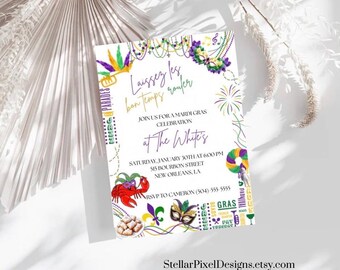 Mardi Gras Party Invite, Mardi Gras Invite, Fat Tuesday, New Orleans Party Invite, Laissez les bon, Redigerbar Mardi Gras Party Invite
