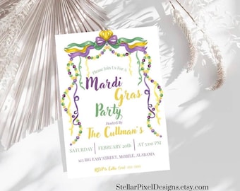 May include: A white invitation card with a watercolour design for a Mardi Gras party. The text includes "Mardi Gras Party" in purple and yellow, with event details. The design features colourful beads and a decorative crown.