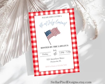 Zaproszenie na imprezę z okazji 4 lipca, edytowalne zaproszenie na grilla w stylu USA BBQ, świętowanie w kolorach czerwono-białym i niebieskim, patriotyczne zaproszenie na imprezę w ogrodzie
