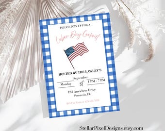 Labor Day Party Invitation, Editable USA BBQ Cookout Invite, Red White & Blue Celebration, Patriotic Backyard Party Invite