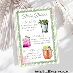 Kentucky Derby Drink Menu Sign, Mint Julep Oaks Lily Kentucky Mule, Derby Party Bar Menu, Instant Download, Printable Cocktail Sign