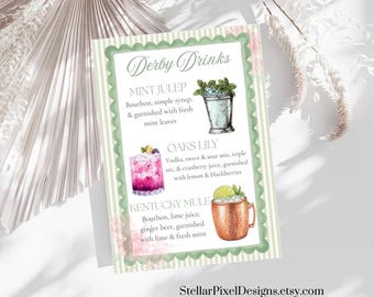 Letrero de menú de bebidas del Kentucky Derby, Mint Julep Oaks Lily Kentucky Mule, Menú de bar para fiesta del Derby, Descarga instantánea, Letrero de cóctel imprimible