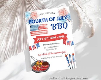 Invitación para fiesta del 4 de julio, invitación editable para barbacoa en EE. UU., celebración roja, blanca y azul, invitación para fiesta patriótica en el jardín.