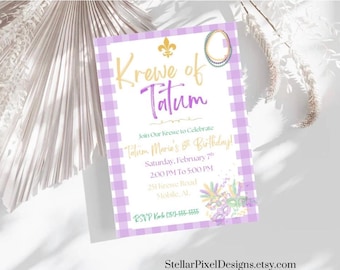 May include: A party invitation with a lilac and white gingham border. The text "Krewe of Tatum" is in gold and purple script. The invitation is for Tatum Marie's 8th birthday, with event details and RSVP information.