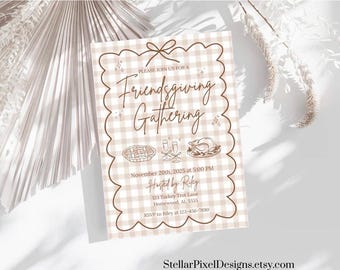 May include: A Friendsgiving Gathering invitation with a beige and white gingham pattern. The invitation includes the text "PLEASE JOIN US FOR A Friendsgiving Gathering" and details for the event, including the date, time, and RSVP information.
