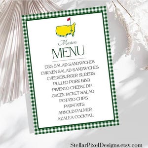 May include: A menu card with a green and white checkered border and a white background. The menu features the Masters logo and a list of food items, including sandwiches, sliders, and cocktails. The text "Masters MENU" is at the top.