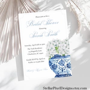 Editable Chinoiserie Bridal Shower Invite, Elegant Hydrangea Bridal Shower Invite, Blue and White Porcelain, Grandmillennial Blue Ginger Jar