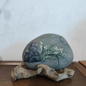 Orchid hand painted on stone, Original plant painting, Rock art, Flower art, acrylic painting, home decor.