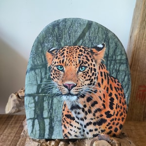 Snow leopard hand painted on stone, Original animal portrait painting, rock art, wildlife art, acrylic painting, wild cat, home decor.
