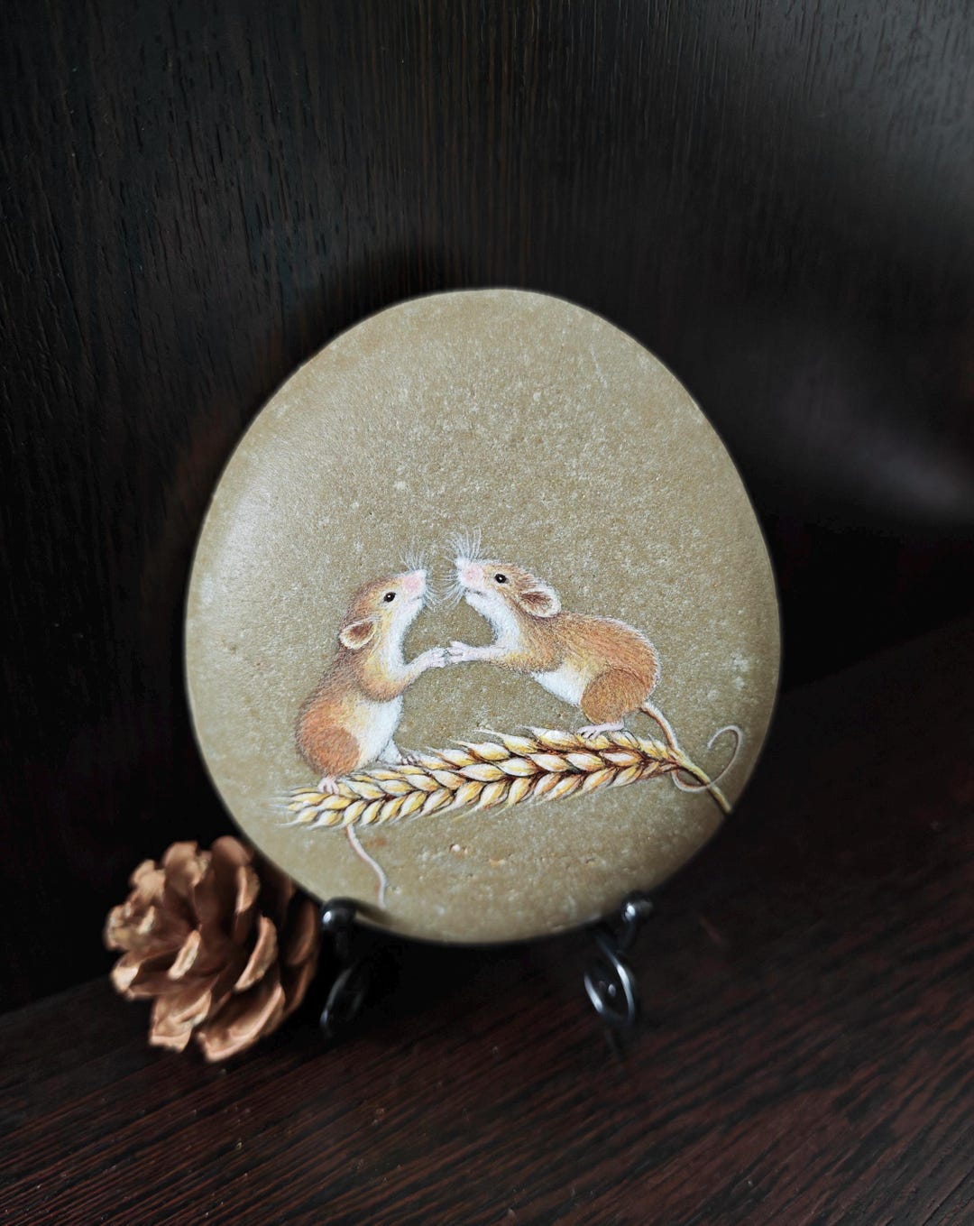 Happy Mice Hand Painted on Natural Stone, Original Animal Portrait ...