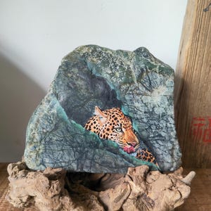 Snow leopard hand painted on stone, Original animal portrait painting, rock art, wildlife art, acrylic painting, wild cat, home decor.
