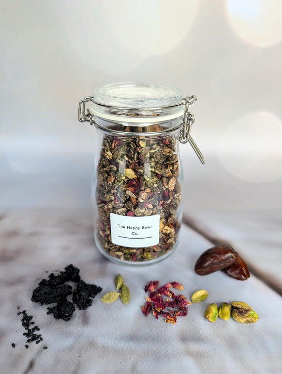 Desert rose Granola with Black Tahini, Rose, Pistachio, Cardamom & Pea Protein