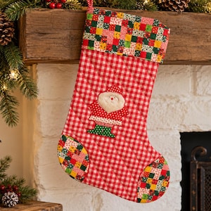 Vintage Quilted Santa Christmas Stocking • Gingham Patchwork Holiday Decor