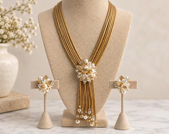 Vintage Alice Caviness 6 Strand Gold Mesh Necklace & Earrings Set, 1960s Tassel Demi Parure