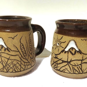 2 Mod Olaf Pottery Mountain Mugs • Ted Juve Vintage 1990 • Handmade Art Pottery Pair