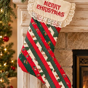 May include: A Christmas stocking featuring diagonal stripes of red, green, and cream fabric with patterns of teddy bears, drums, and trees. The top cuff is cream-colored fabric with a lace trim and the red text MERRY CHRISTMAS embroidered on it.