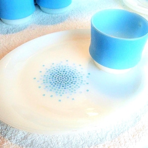 Fire King Mosaic Snack Set: Vintage 4 Blue Cups & White Plates