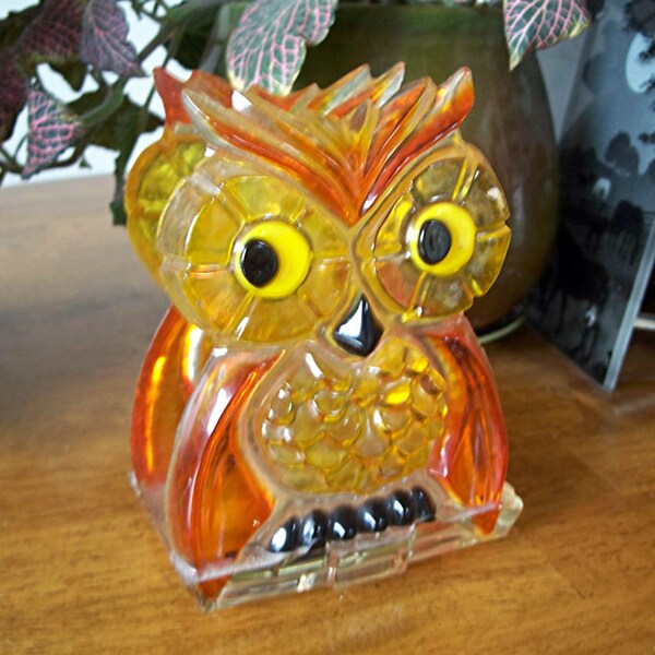 Vintage Lucite Owl Napkin Letter Mail Holder Orange Yellow Acrylic Retro