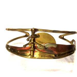 Vintage Brutalist Mixed Metal Cuff Bracelet – Brass & Copper Abstract Sun Moon Tree Mountains Modernist