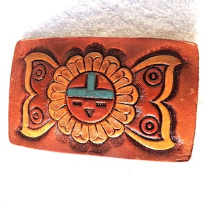 Vintage Hand‑Tooled Leather Belt Buckle • Zuni Sunface Southwestern Design