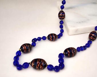 Vintage Murano Glass Necklace, Cobalt Blue Venetian Aventurine Beads, Italian Art Glass Jewelry