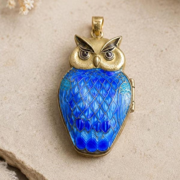 Vintage Enamel Owl Locket Pendant • Double Sided • Gold Over Sterling • Chinese Export