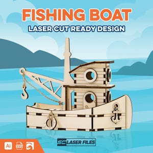 Op de afbeelding: Een lasergesneden houten vissersbootontwerp met de tekst "FISHING BOAT" en "LASER CUT READY DESIGN". De boot heeft een kraan, patrijspoorten en een anker. Het ontwerp is geschikt voor lasersnijden.