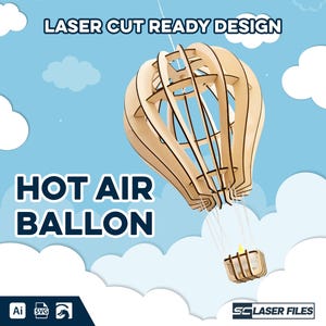 Op de afbeelding: Een lasergesneden houten luchtballonontwerp tegen een blauwe lucht met witte wolken. De tekst "LASER CUT READY DESIGN" en "HOT AIR BALLON" worden weergegeven. Inclusief bestandstype-pictogrammen.