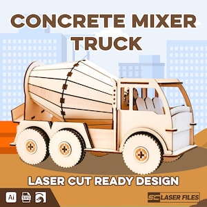 Può includere: Modello in legno tagliato al laser di un camion betoniera, con il testo "CONCRETE MIXER TRUCK" in alto. Il design include un tamburo rotante, cabina e ruote. Il testo "LASER CUT READY DESIGN" è in basso.