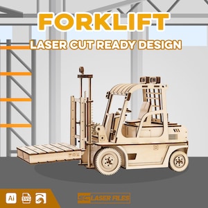 May include: A wooden forklift model with the text "FORKLIFT - LASER CUT READY DESIGN". The model has a detailed design, including wheels, a driver's seat, and a lifting mechanism. The image also includes file type icons.