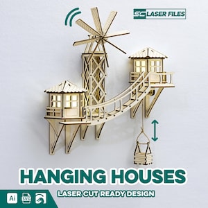 Puede incluir: Una pieza de arte mural de madera cortada con láser que representa un molino de viento, dos casas pequeñas y un puente. Las casas tienen ventanas iluminadas. Se muestra el texto "HANGING HOUSES" y "LASER CUT READY DESIGN". Diseñado para montaje en pared.