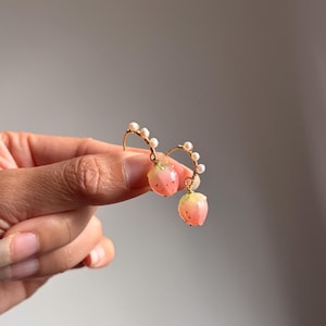 Pink Strawberry Dangle Earrings | Fruit Earrings | Food Earrings | Handmade Jewellery Resin | Korean Fashion | Harajuku Jewellery