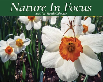 May include: A 2026 12-Month Calendar titled "Nature In Focus" featuring white daffodils with orange centers and a spider. The calendar has a green banner with white text. The flowers are in a garden setting.