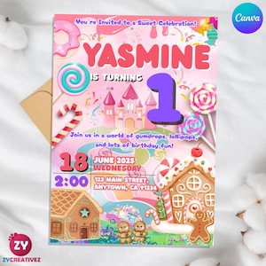 Candyland Geburtstagseinladung Party Digitaler Download Individuell Anpassbar und Bearbeitbar