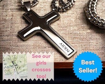 Boys First Communion 2-PC NAME Engraved Cutout Cross Necklace