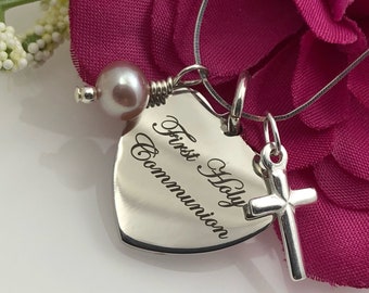 Girls 925 Sterling Silver Personalized First Communion Engraved Heart Cross Pink Freshwater Pearl Necklace