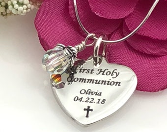 Girls First Communion Sterling Silver Heart Necklace, Engraved with Birthstone