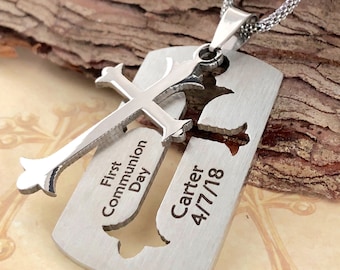 Boys Personalized First Communion Engraved Cutout Dogtag Cross Necklace