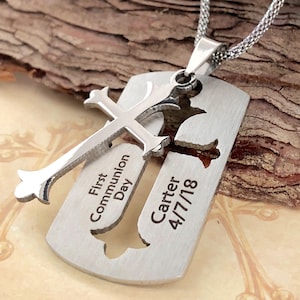 Boys Personalized First Communion Engraved Cutout Dogtag Cross Necklace