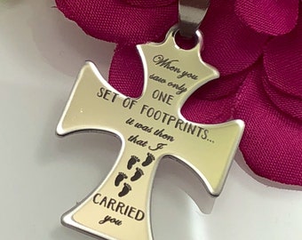 Footprints in the Sand Cross Necklace with personal message