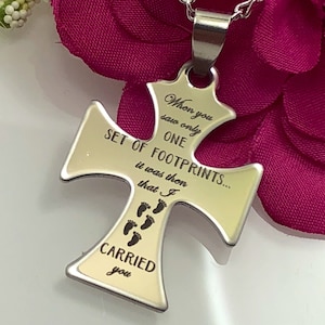 Footprints in the Sand Cross Necklace with personal message