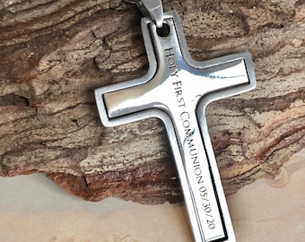 Boys Personalized 2-PC Holy First Communion Engraved Cutout Cross Necklace
