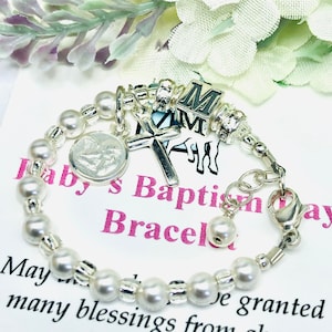 BABY Baptism New Baby Bracelet Personalized Guardian Angel Bracelet for Girls Sterling Silver Cross Initial Pearls